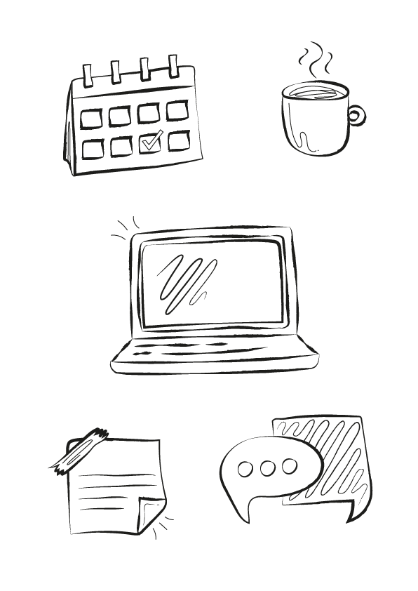 Individuelle Icons erstellen lassen, Icon-Set aus 5 verschiedenen Icons im illustrativen Style. Von oben nach unten sind ein Kalender, eine Tasse, ein aufgeklappter Laptop, ein Notizzettel und zwei Sprechblasen abgebildet.