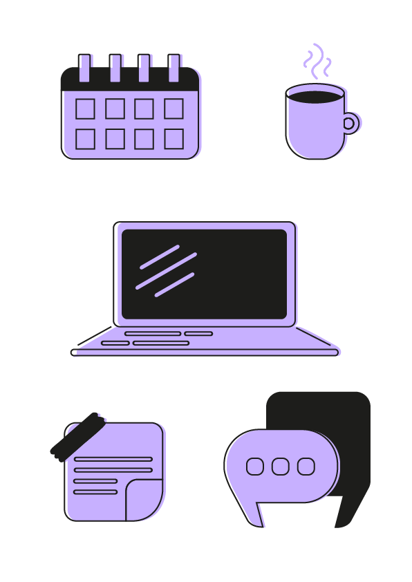 Individuelle Icons erstellen lassen, Icon-Set aus 5 verschiedenen Icons im dualtone Style. Von oben nach unten sind ein Kalender, eine Tasse, ein aufgeklappter Laptop, ein Notizzettel und zwei Sprechblasen abgebildet.