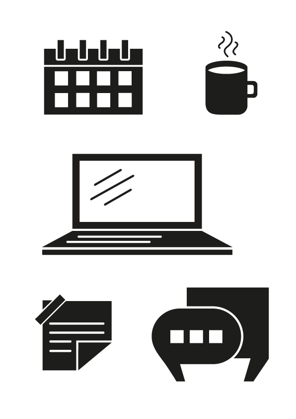 Individuelle Icons erstellen lassen, Icon-Set aus 5 verschiedenen Icons im solid also gefüllten Style. Von oben nach unten sind ein Kalender, eine Tasse, ein aufgeklappter Laptop, ein Notizzettel und zwei Sprechblasen abgebildet.