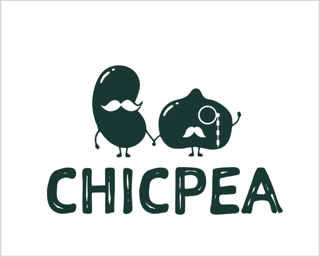 Brand Design ChicPea Onlineshop Primärlogo Schriftzug Chicpea eine Bohne mit Bart und eine Kichererbse mit Bart und Monokel