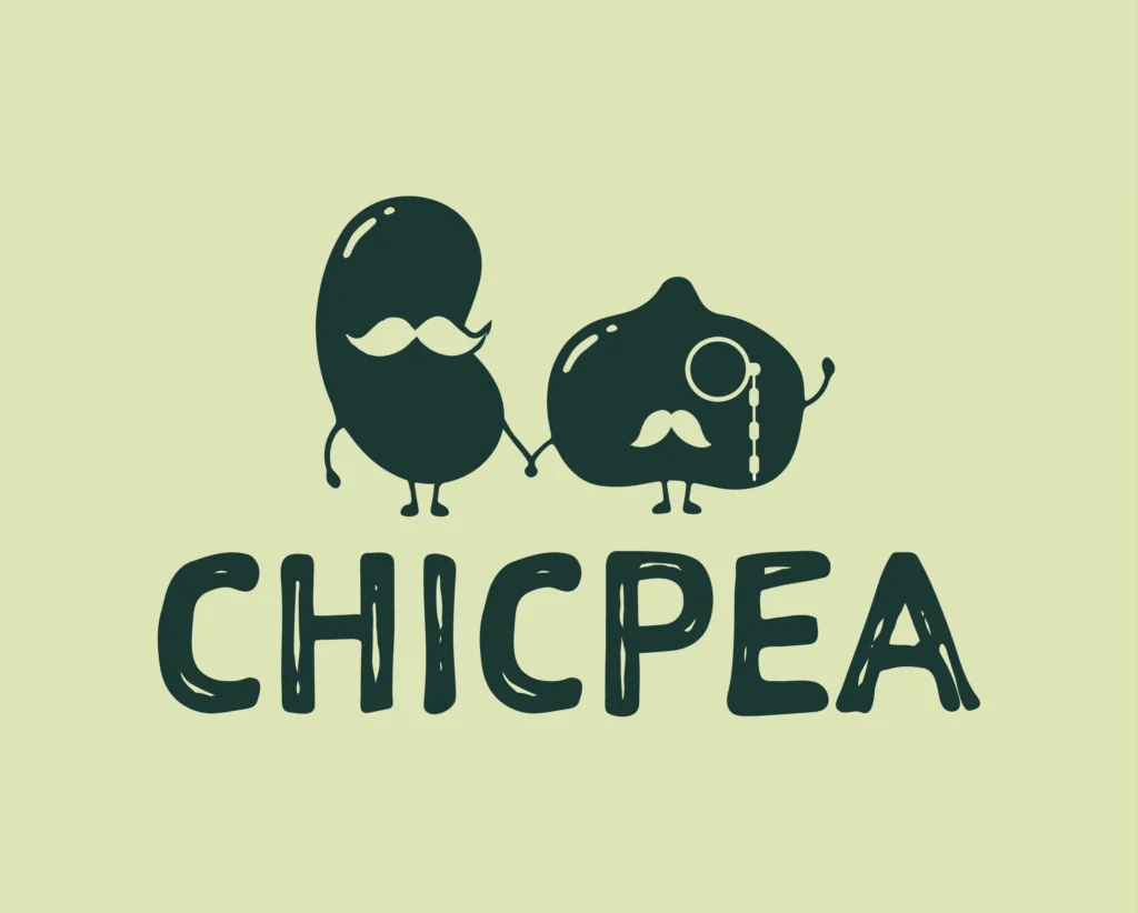 Brand Design ChicPea Onlineshop Primärlogo Schriftzug Chicpea eine Bohne mit Bart und eine Kichererbse mit Bart und Monokel auf hellgrünem Hintergrund