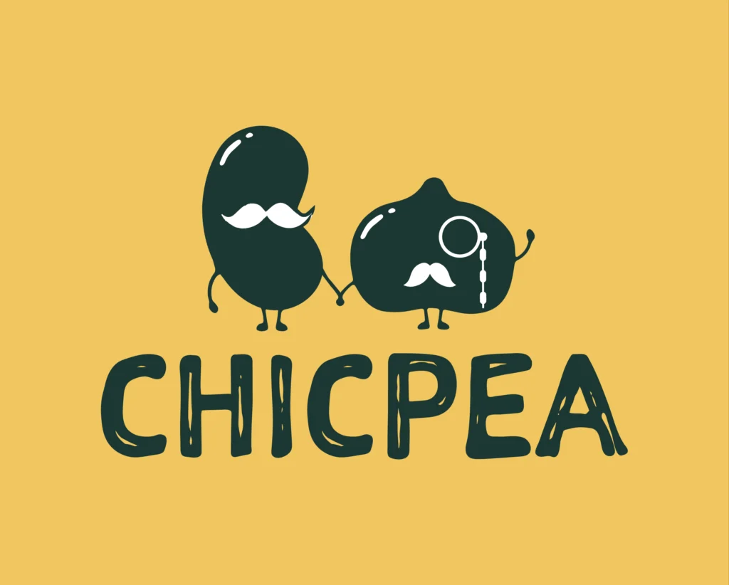 Brand Design ChicPea Onlineshop Primärlogo Schriftzug Chicpea eine Bohne mit Bart und eine Kichererbse mit Bart und Monokel auf gelben Hintergrund