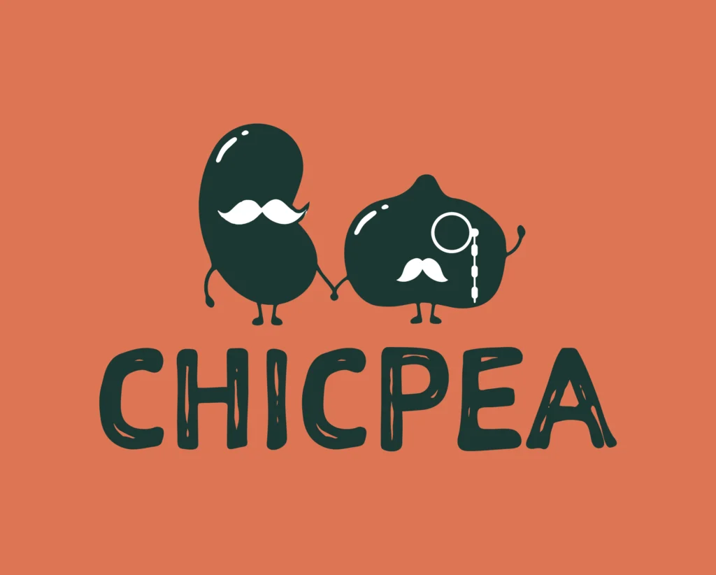 Brand Design ChicPea Onlineshop Primärlogo Schriftzug Chicpea eine Bohne mit Bart und eine Kichererbse mit Bart und Monokel auf rotem Hintergrund