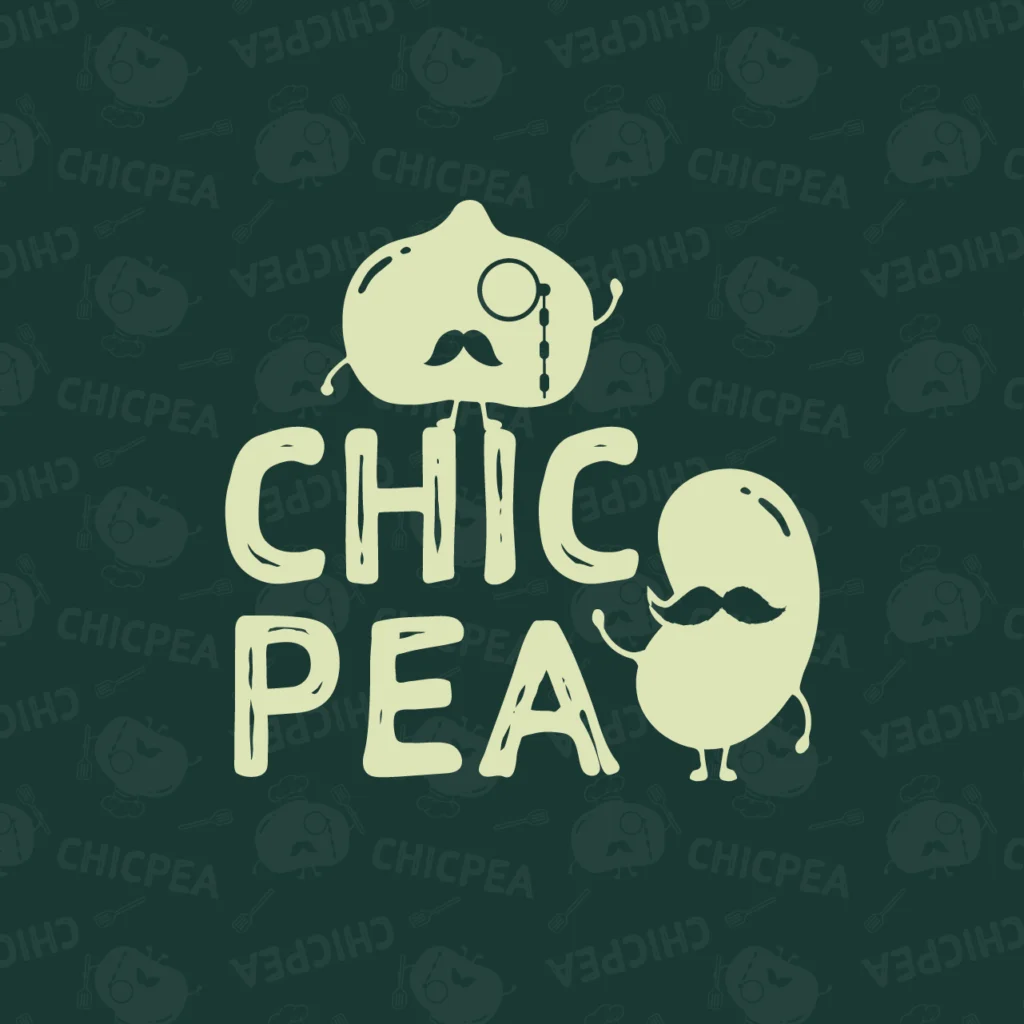 Brand Design ChicPea Onlineshop Primärlogo Schriftzug Chicpea eine Bohne mit Bart und eine Kichererbse mit Bart und Monokel mit Brand Pattern im Hintergrund