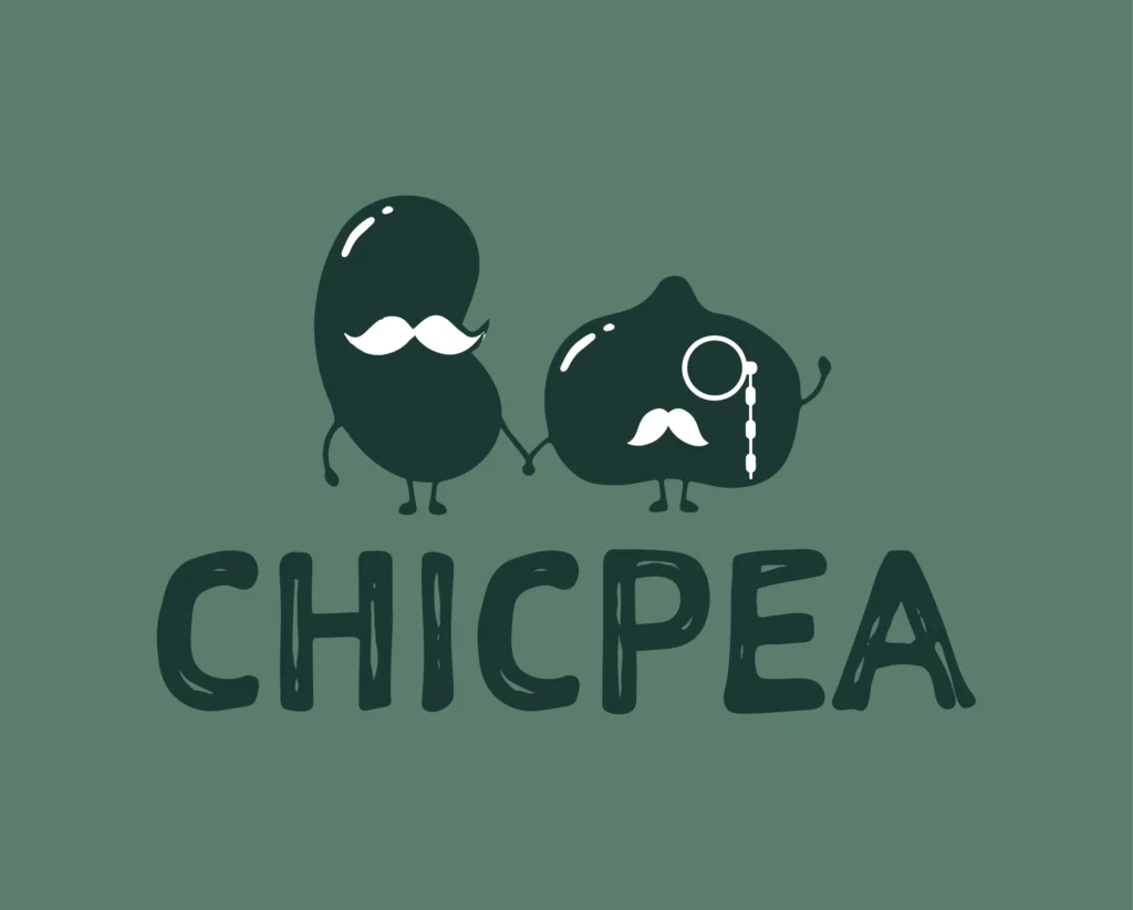 Brand Design ChicPea Onlineshop Primärlogo Schriftzug Chicpea eine Bohne mit Bart und eine Kichererbse mit Bart und Monokel auf mittelgrünem Hintergrund