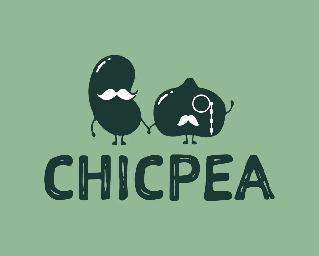 Brand Design ChicPea Onlineshop Primärlogo Schriftzug Chicpea eine Bohne mit Bart und eine Kichererbse mit Bart und Monokel auf grünem Hintergrund