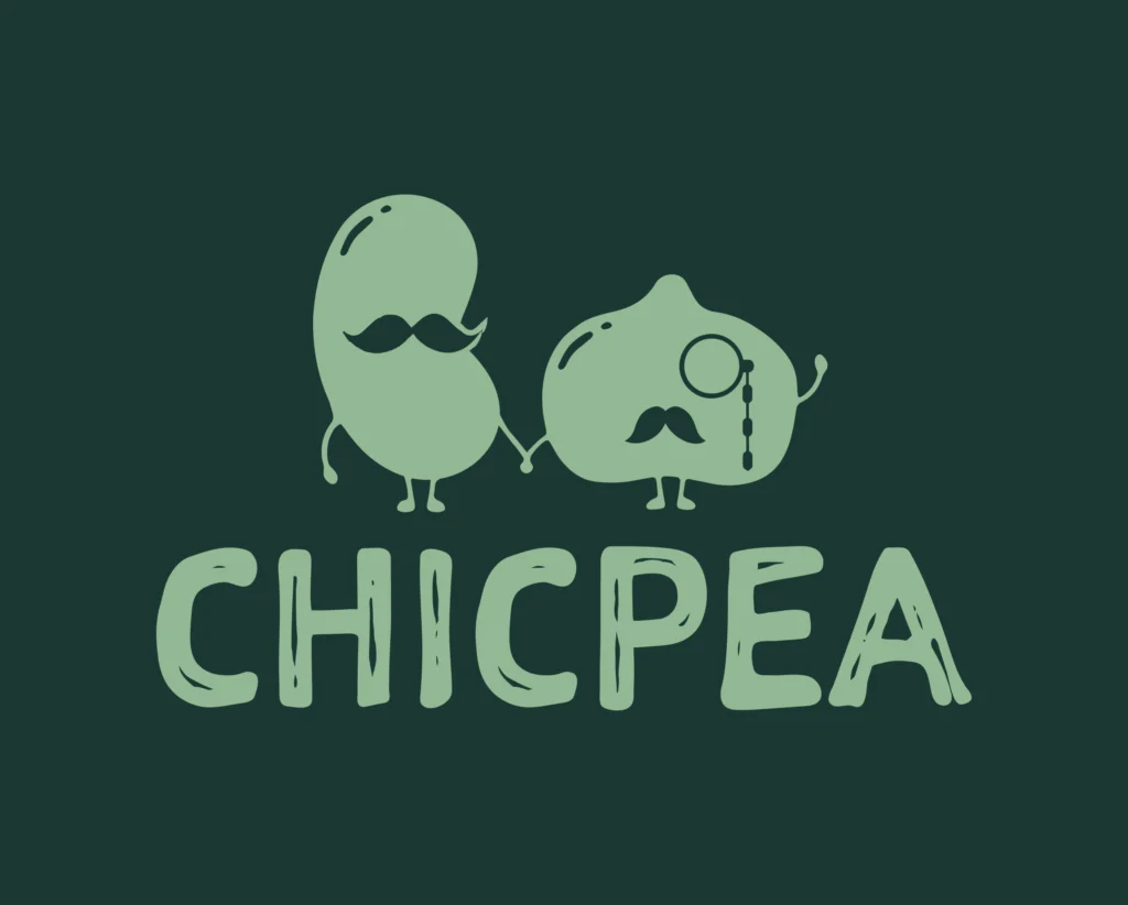 Brand Design ChicPea Onlineshop Primärlogo Schriftzug Chicpea eine Bohne mit Bart und eine Kichererbse mit Bart und Monokel auf dunkelgrünem Hintergrund