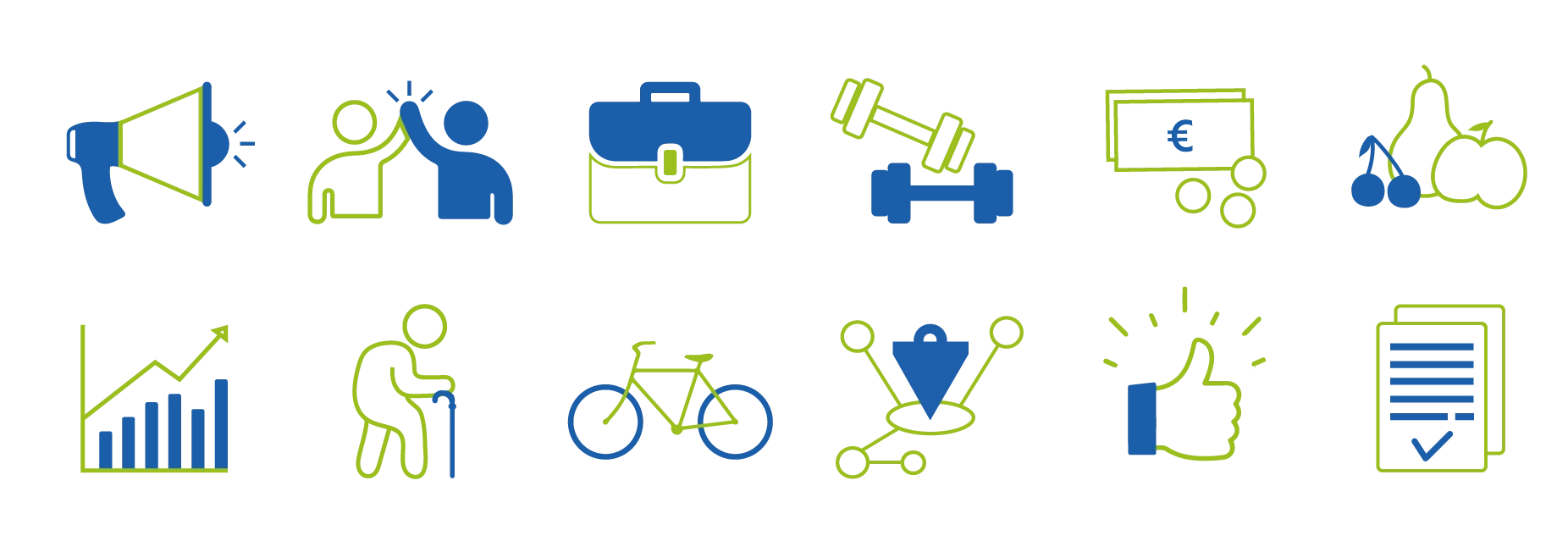 Individuelle Icons in blau grün für Haumann und Fuchs Benefits für Mitarbeitende