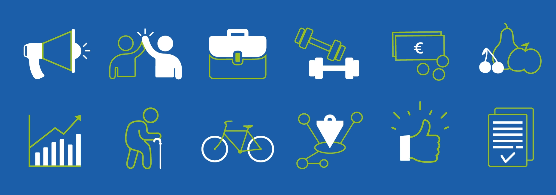 Individuelle Icons in blau grün für Haumann und Fuchs Benefits für Mitarbeitende blauer Hintergrund