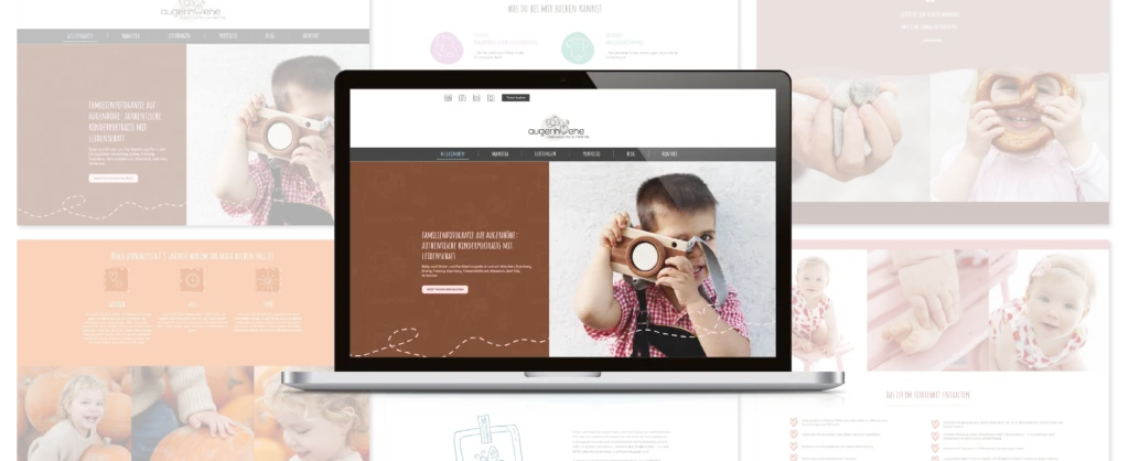Laptop mit Website der Fotografin Augenhoehe der Startseite im Hintergrund weitere Seiten leicht Transparent, Webdesigner in Ottobrunn: Webdesign mit Wiedererkennungswert