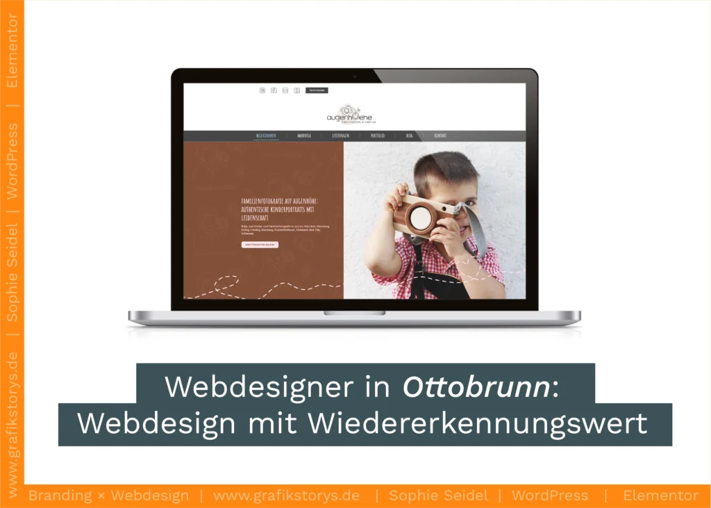 Laptop mit Website der Fotografin Augenhoehe der Startseite und Schriftzug dunkelgruen hinterglegt: Webdesigner in Ottobrunn: Webdesign mit Wiedererkennungswert