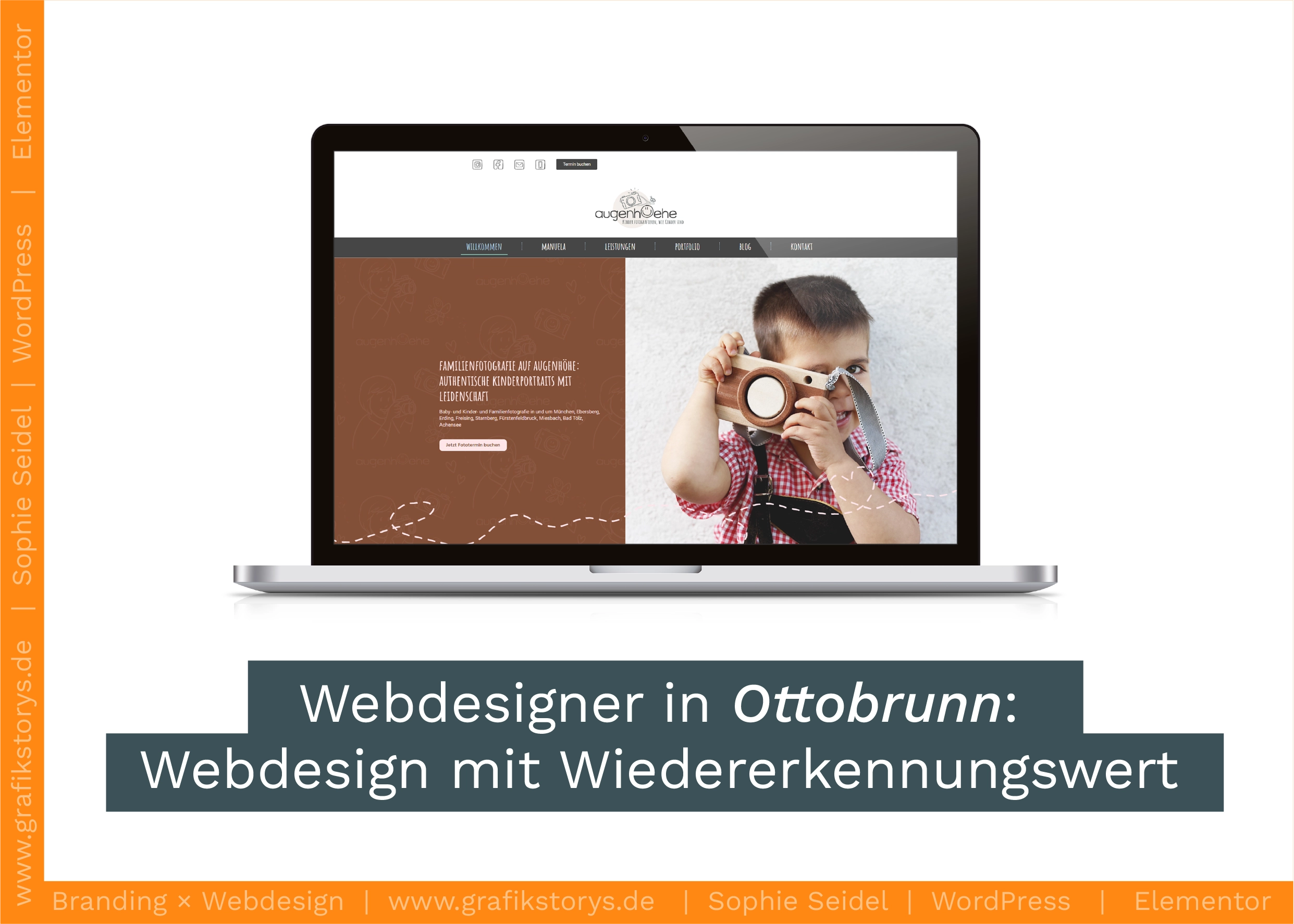Laptop mit Website der Fotografin Augenhoehe der Startseite und Schriftzug dunkelgruen hinterglegt: Webdesigner in Ottobrunn: Webdesign mit Wiedererkennungswert